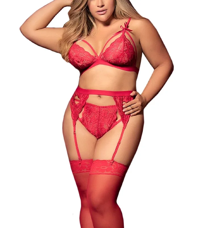 Mapale Larissa Three-Piece Lace Set Heart Cutouts PLUS (8221X) - Red