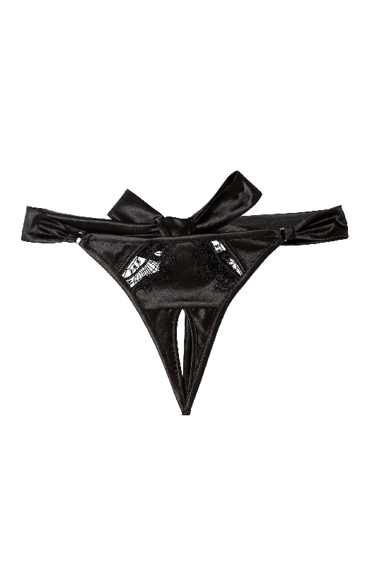 Playful Promises Wren Black Satin and Lace Ouvert Thong Panty 03205