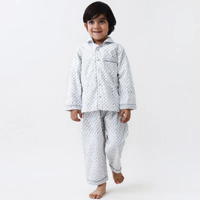 Jade Blockprint Pajama Set For Kids (Grey)