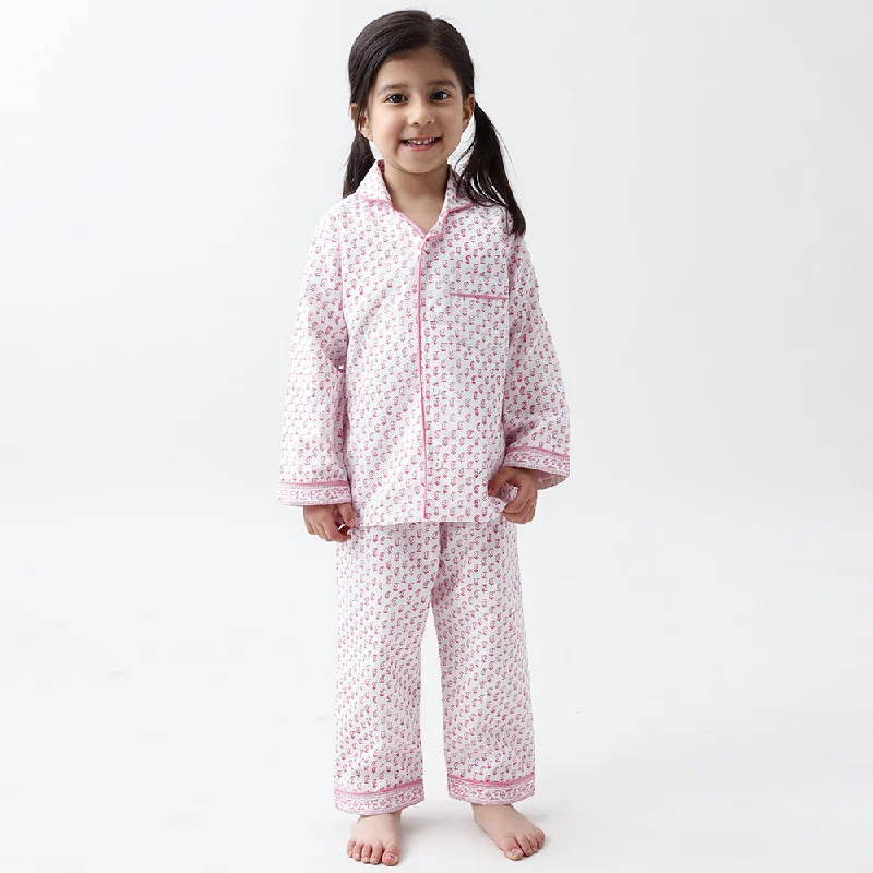 Jade Blockprint Pajama Set For Kids (Pink)