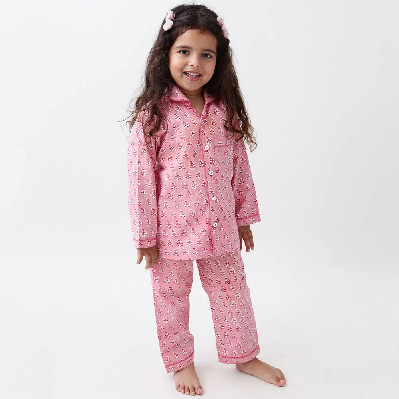 Lily Blockprint Pajama Set For Kids (Watermelon Pink)