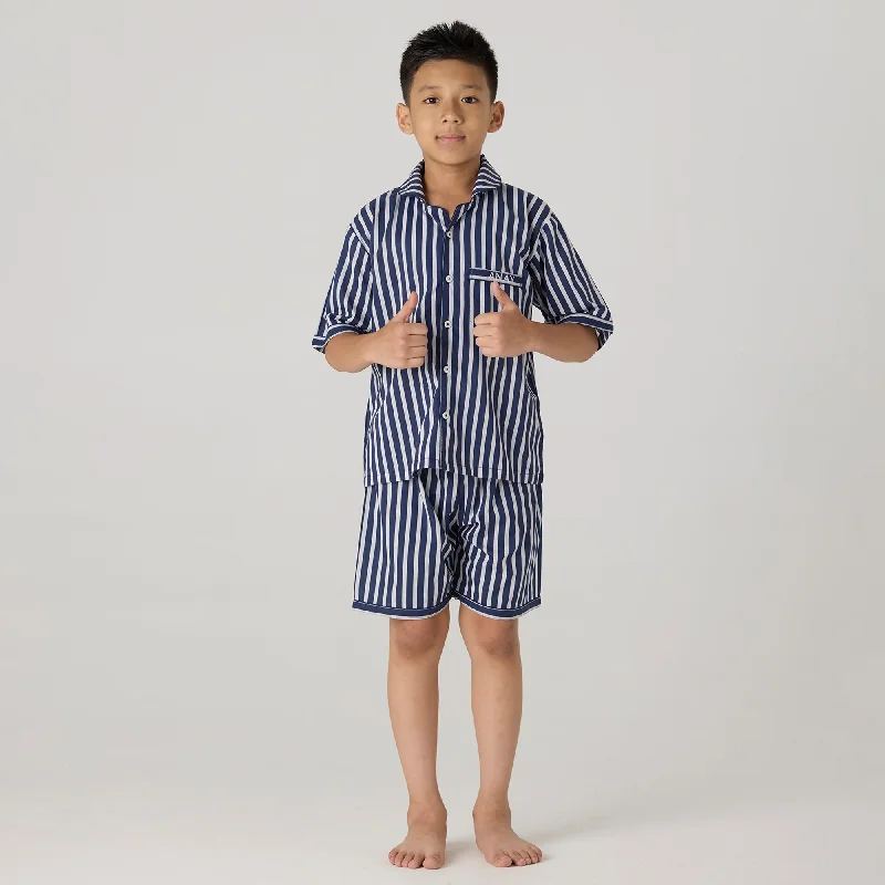 Navy Bold Striped Shorts Set For Kids