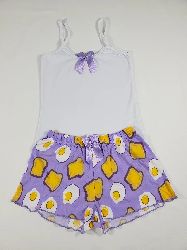 Purple Classic Women's pajamas, shorts fired eggs and toast theme white blouse