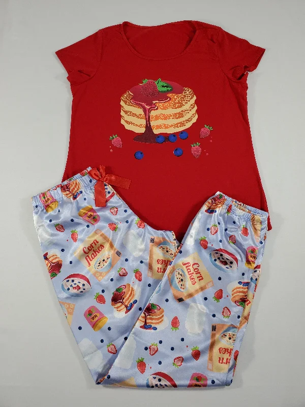 Sexy blue satin Women's pajama pants with red shirt breakfast theme