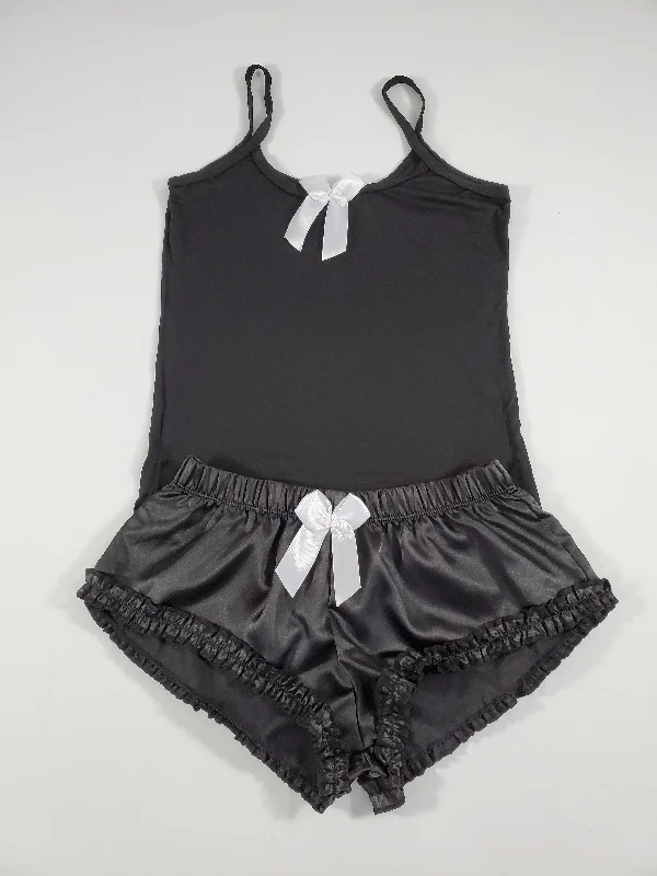 Sexy Women's pajama black satin shorts black blouse