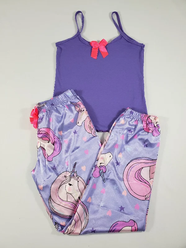 Sexy purple satin Women's pajama pants with unicorn theme purple blouse