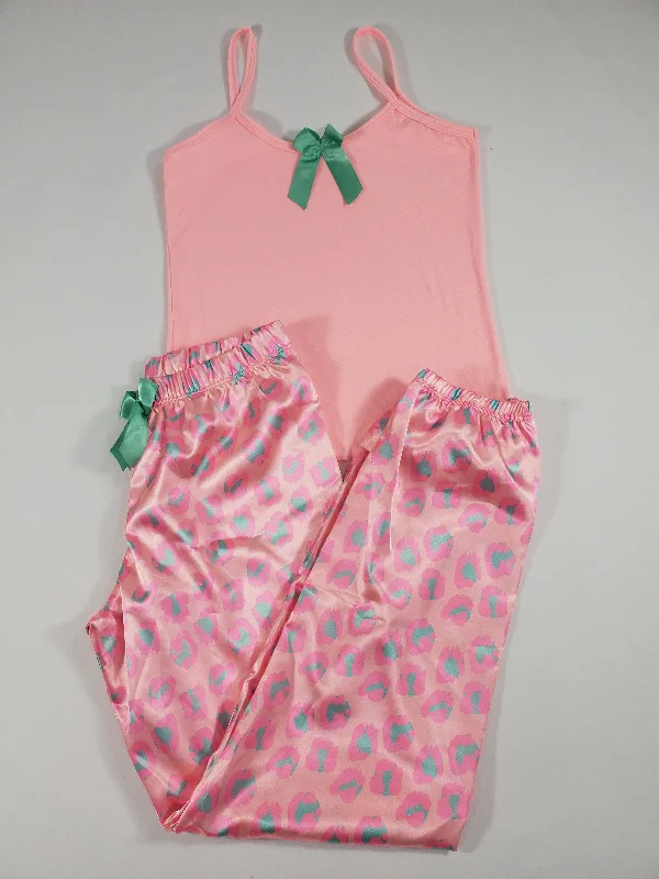 Sexy satin pink Women's pajama animal theme pants pink blouse